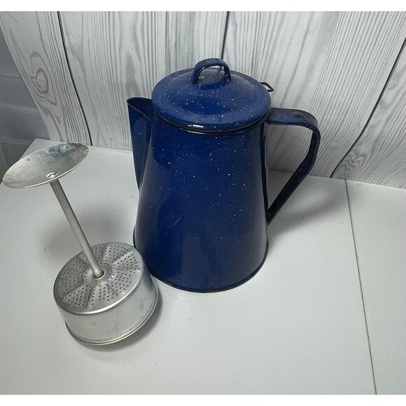 Enamelware Coffee Pot Percolator Blue Speckled Graniteware Camp Fire - Picture 2 of 8
